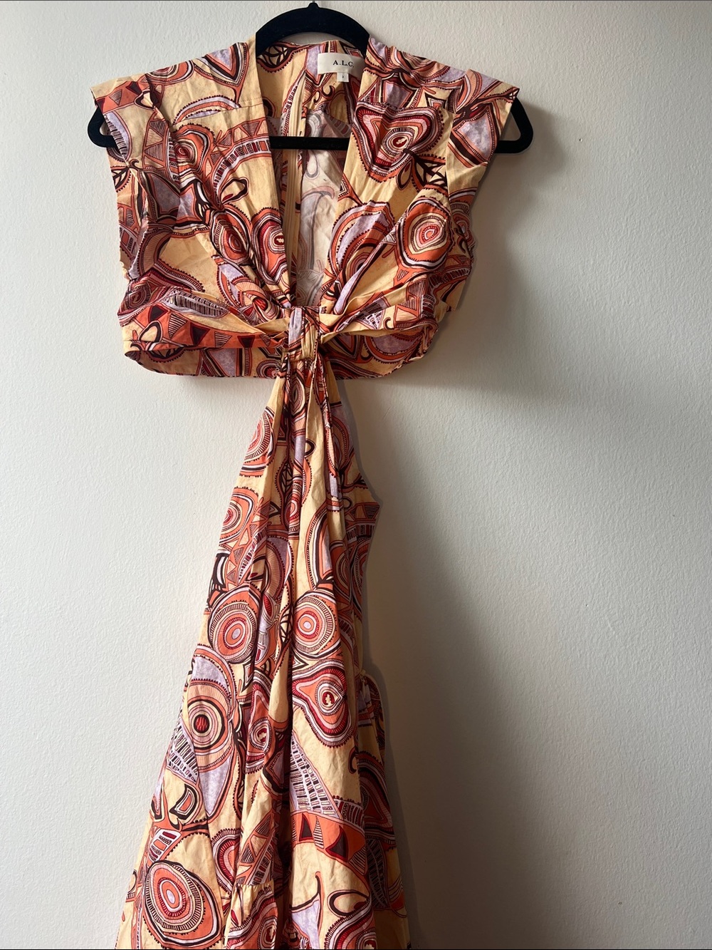 A.L.C. Sleeveless Tie-Front Maxi Dress in Yellow, Rust, Pink Geo Print